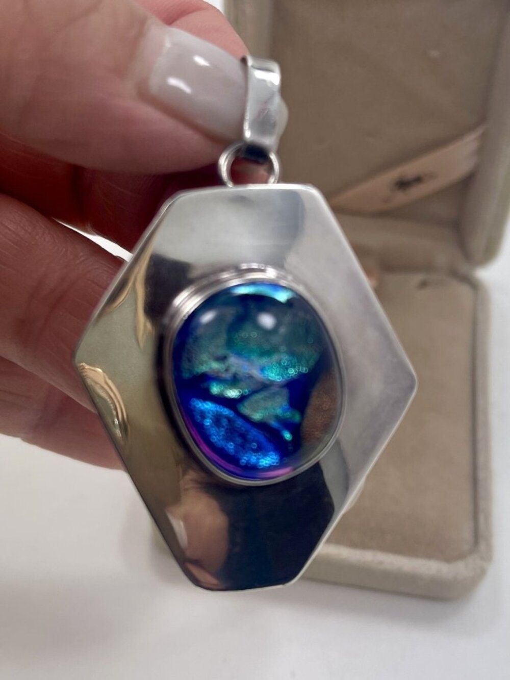 Sterling Silver 925 Dichroic Glass Pendant Y2K Statement Necklace - Picture 3 of 6
